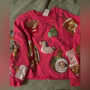BNWOT QUEEN OF SPARKLES pink scattered glass ornament sweatshirt size small